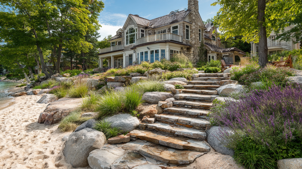 Lakefront home with stone-step landscaping